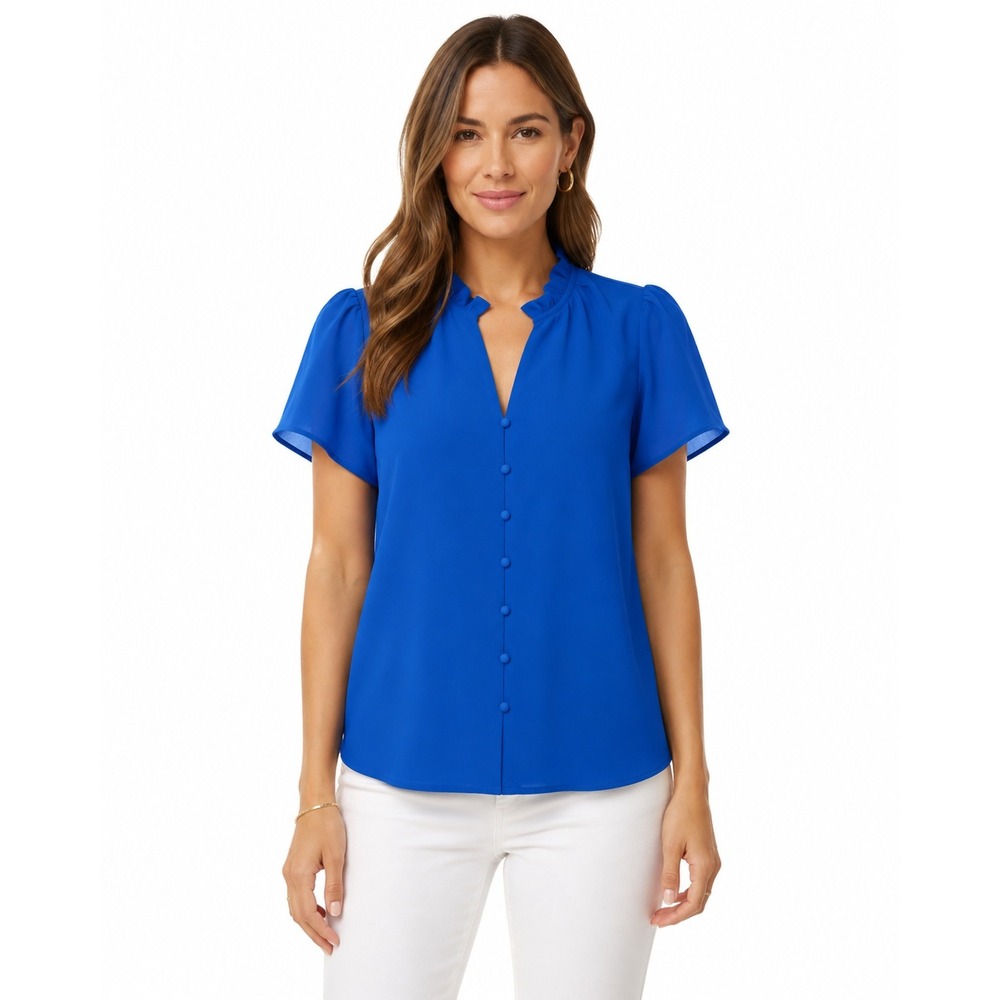41 Hawthorn Bailey Blouse Blue Ruffle Neck Button Front Short Sleeve Top M NEW
